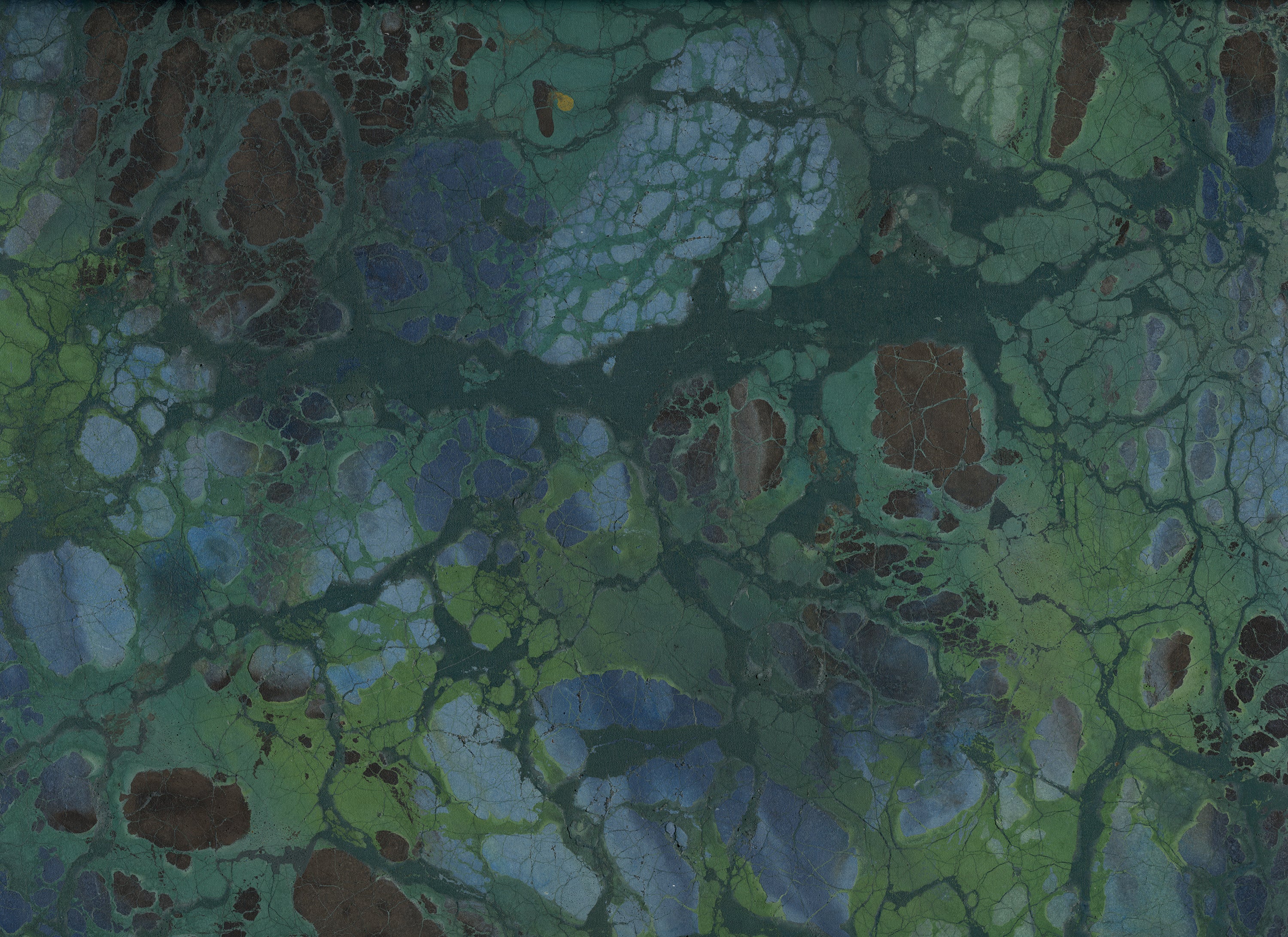 This is a marble pattern mural in greens, blues and dark rust