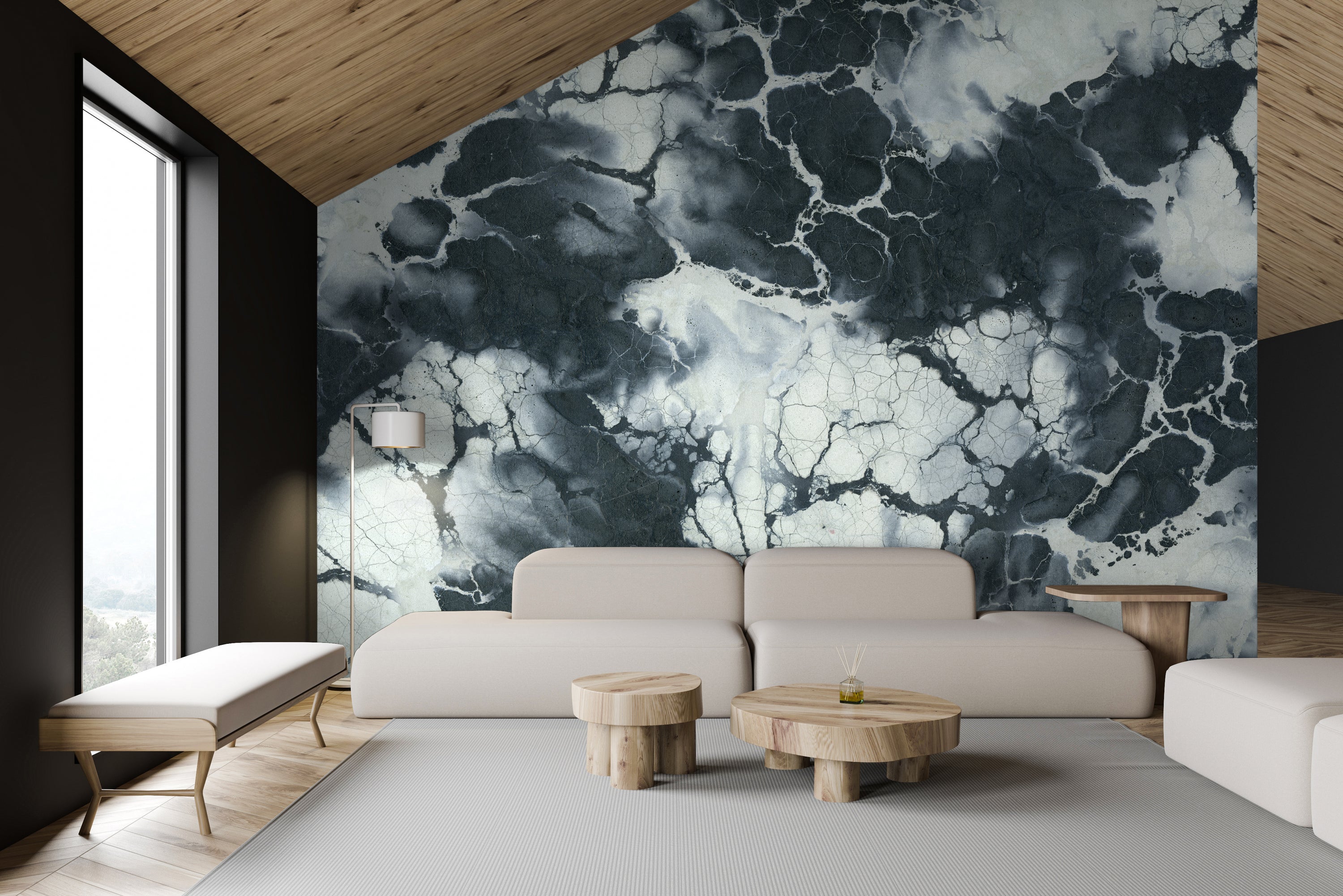 This is a marble pattern mural in black and off white