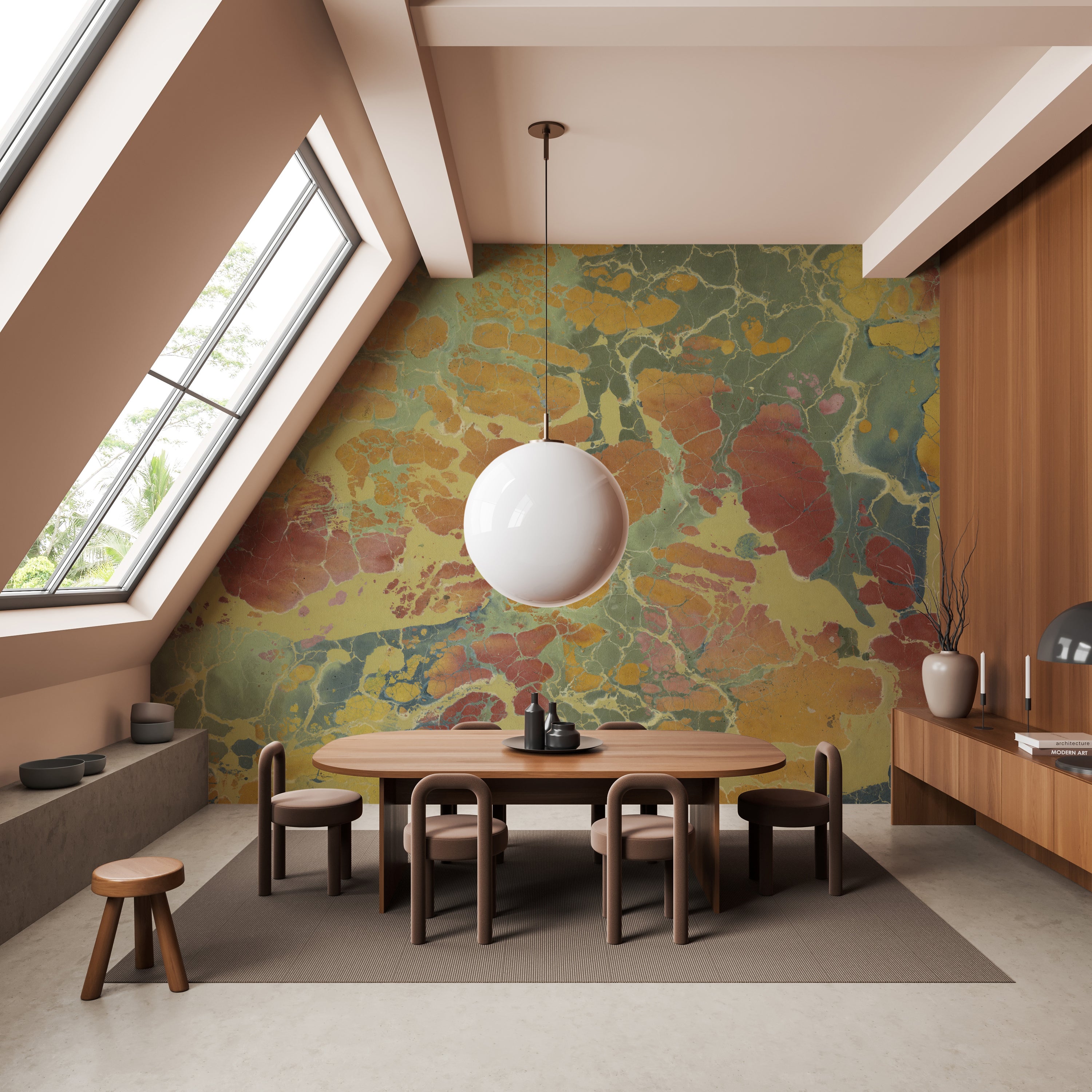 This is a marble pattern mural in yellow, rust and slate blue colors