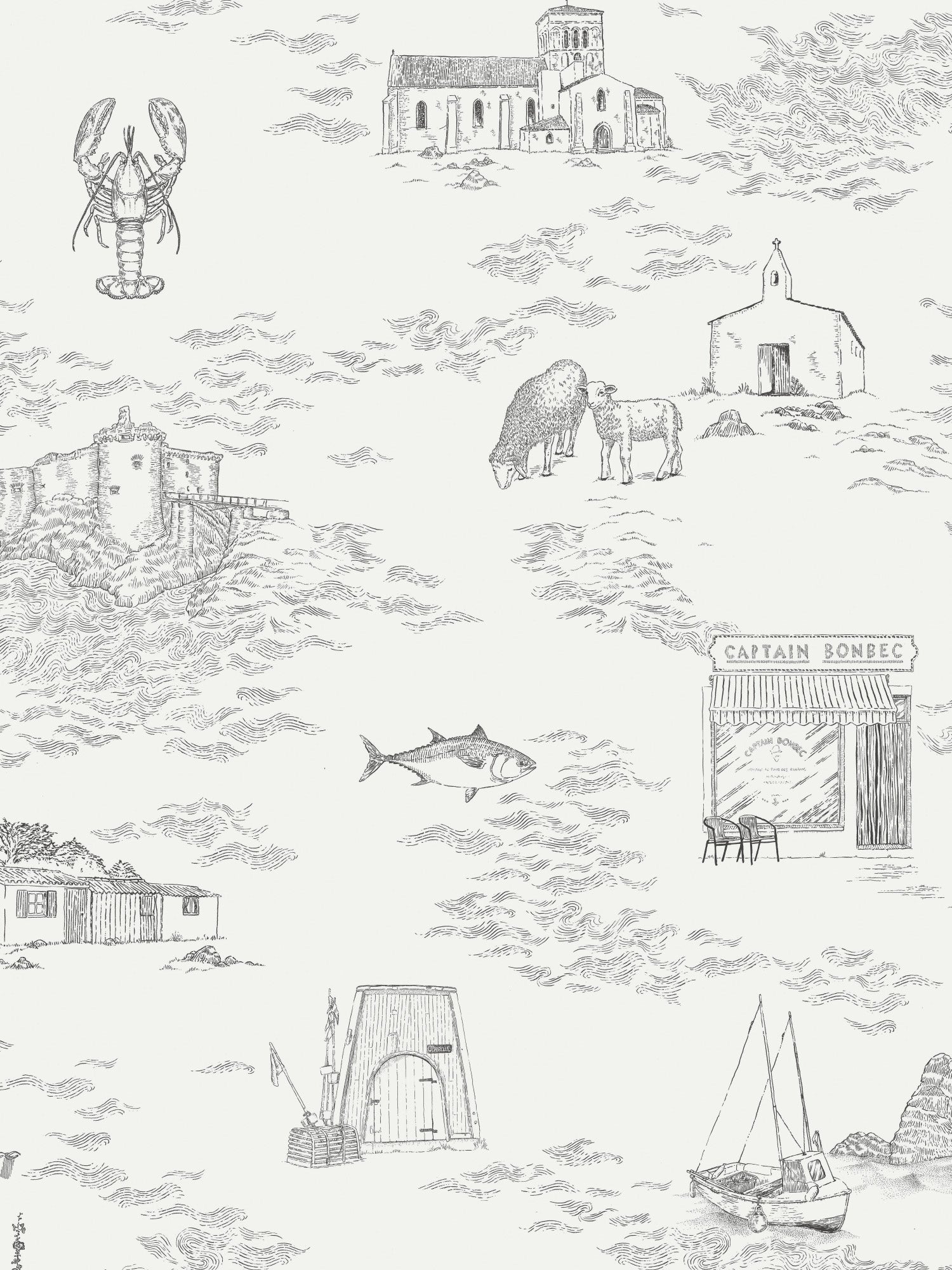 island-toile-lobsters-fishing-boats-black-white-wallpaper.jpg